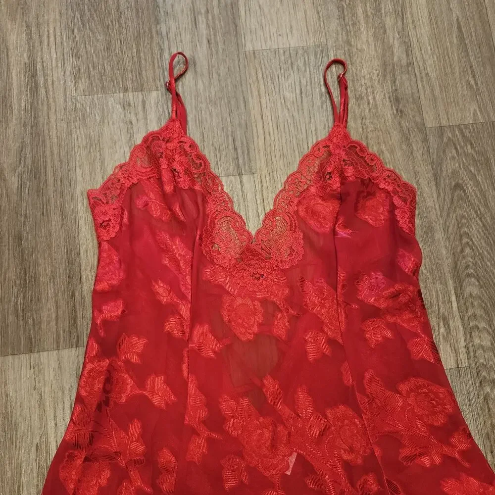 Vtg Fredrick's of Hollywood Red Floral Lace Slip Dress Womens M Lingerie 90s